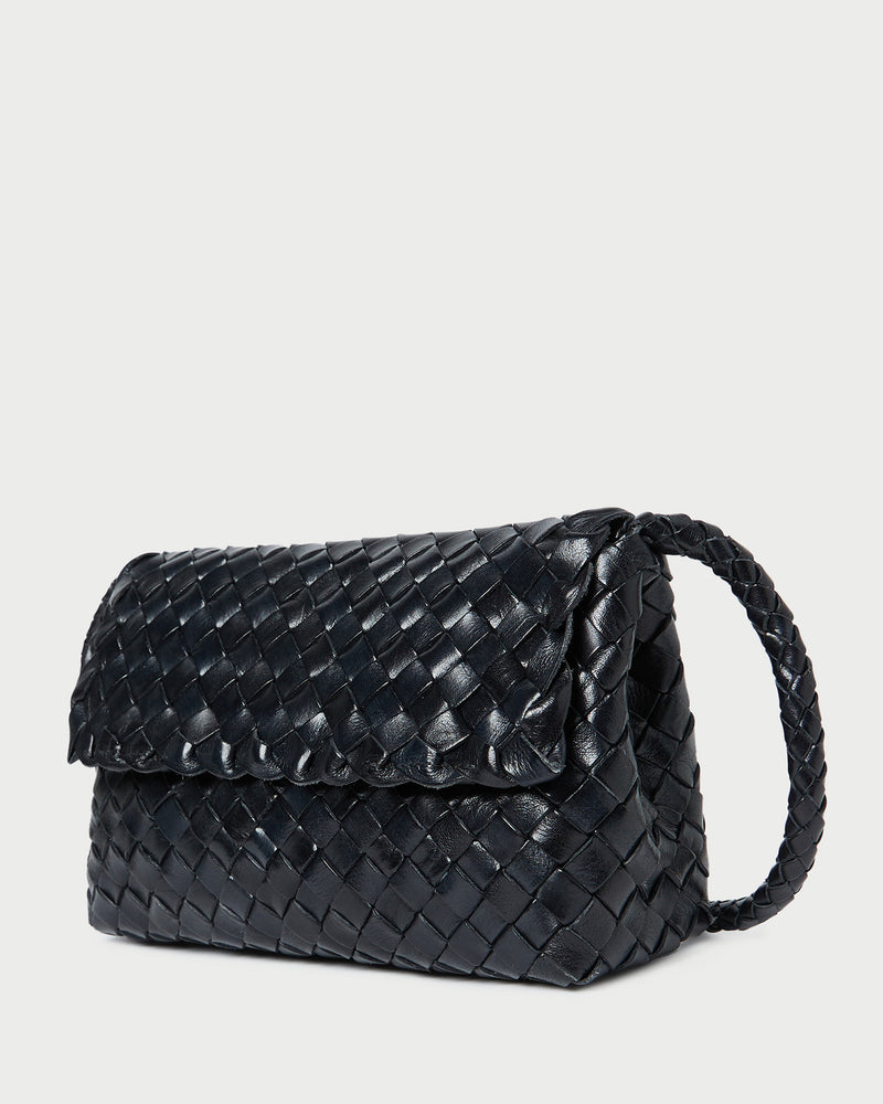 Vinnie Black Woven Leather Crossbody in black woven leather.