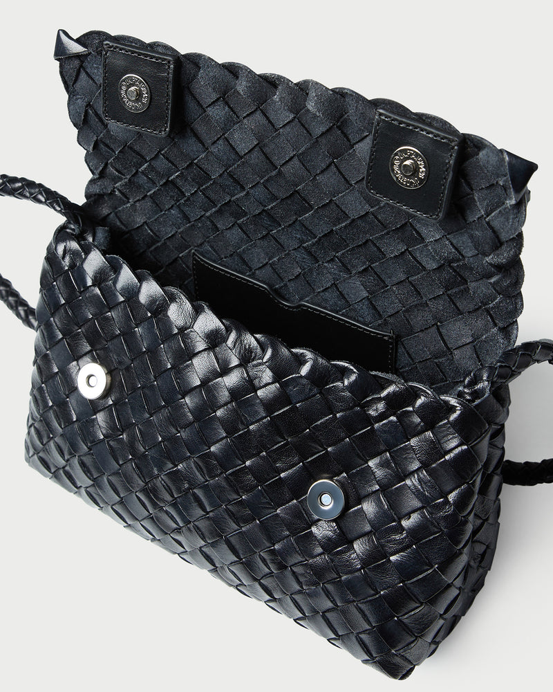 Vinnie Black Woven Leather Crossbody in black woven leather.