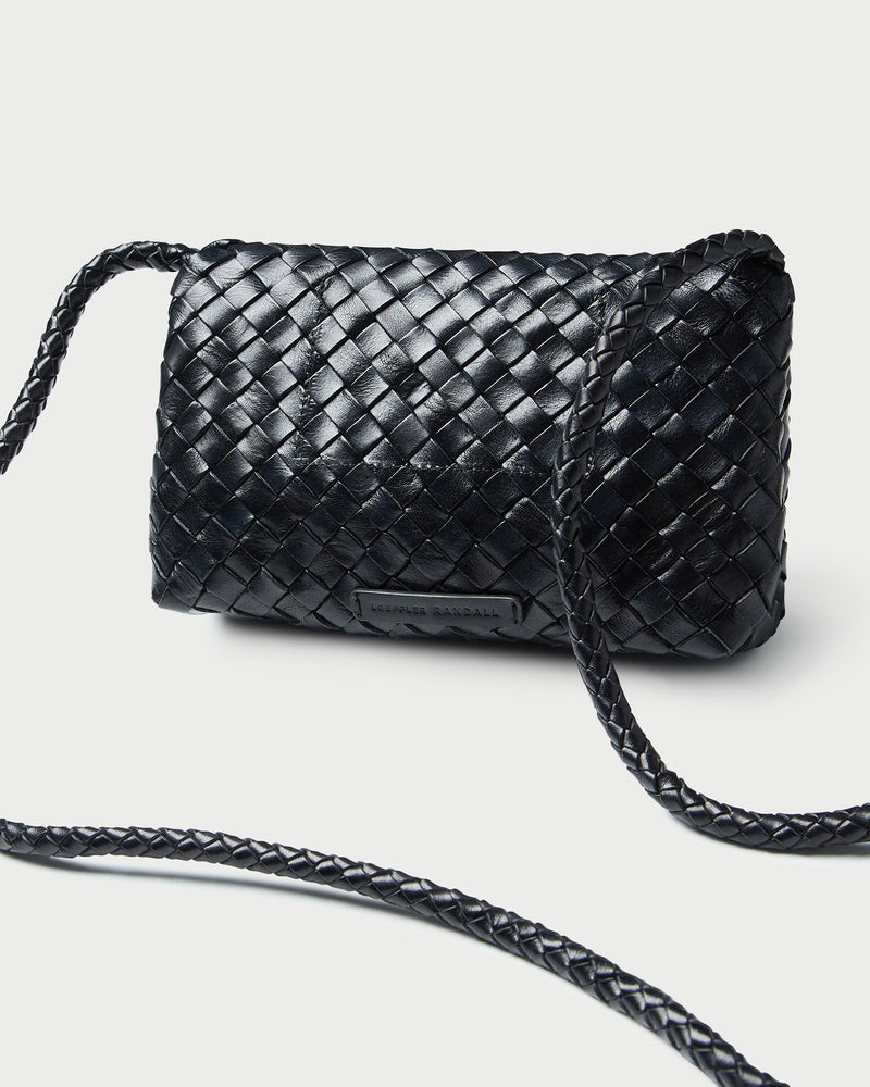Vinnie Black Woven Leather Crossbody in black woven leather.