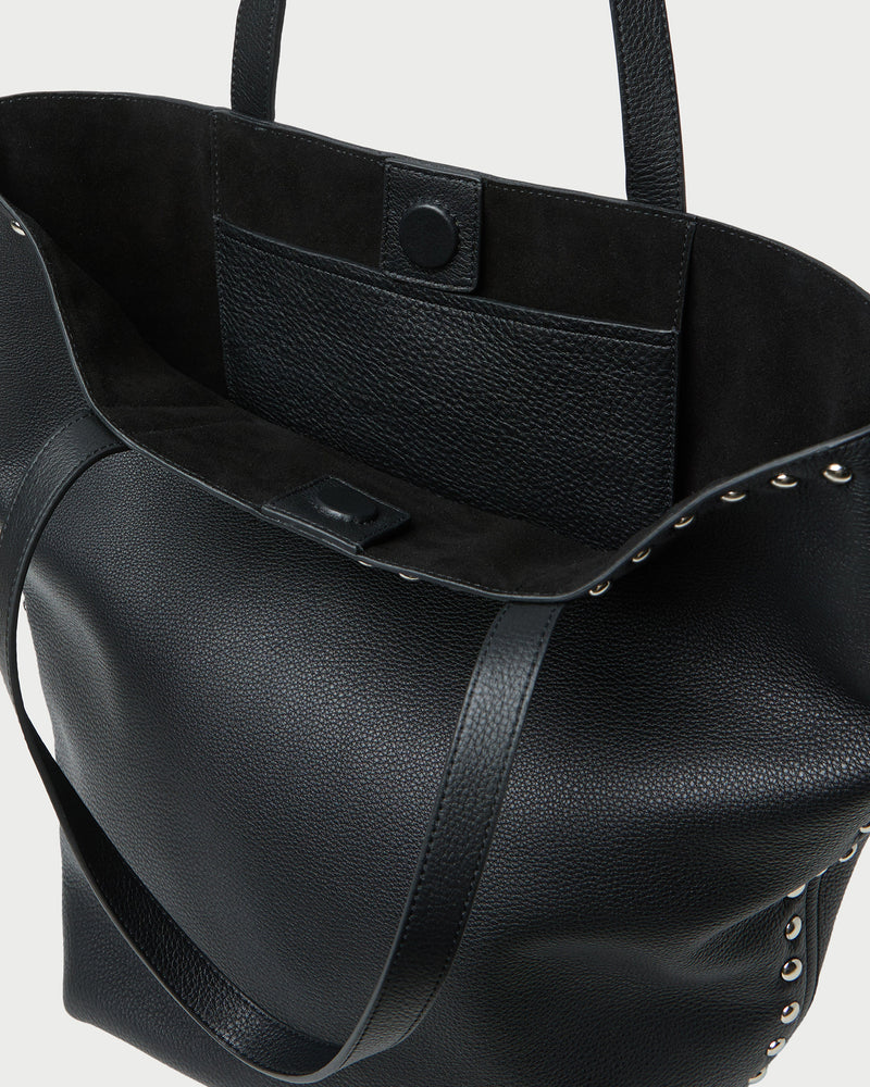 Walker Black/Silver Leather Tote in black pebbled leather and silver studs.