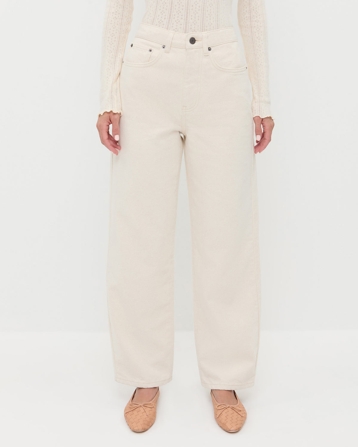 Winona Denim Pant in natural denim, Lolo Pointelle Long-Sleeve Top in cream pointelle, and Leonie Honey Woven Ballet Flat.
