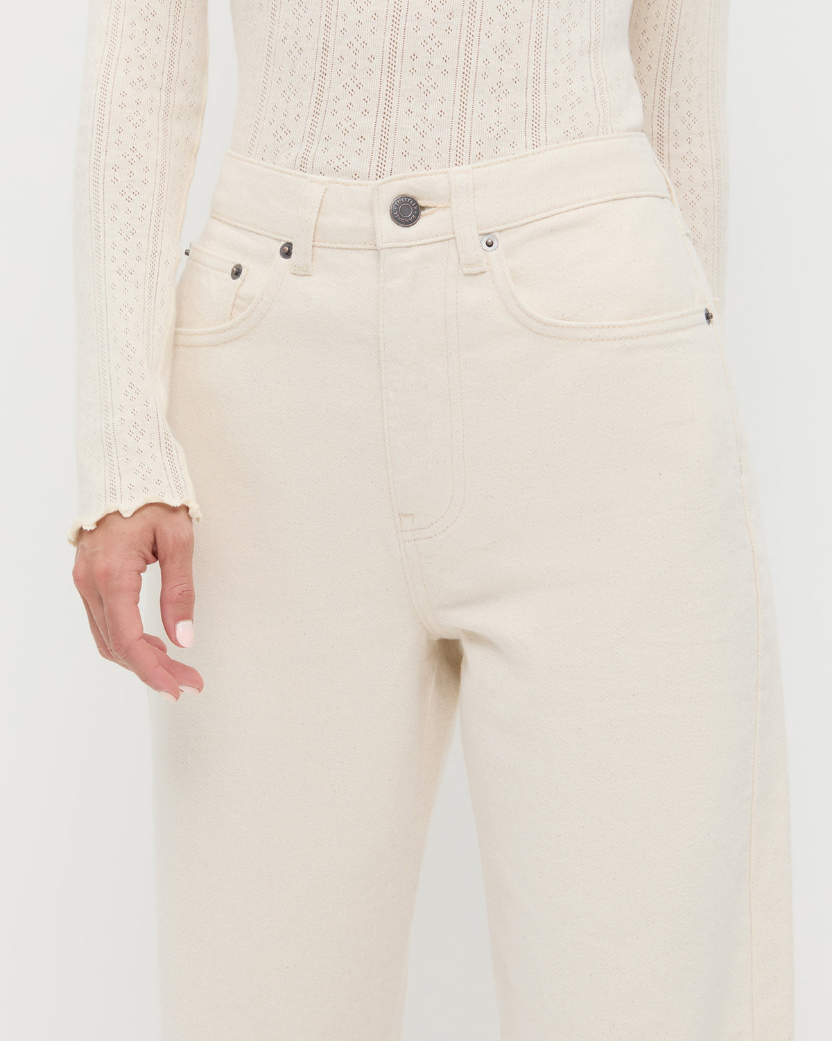 Winona Denim Pant in natural denim and Lolo Pointelle Long-Sleeve Top in cream pointelle.
