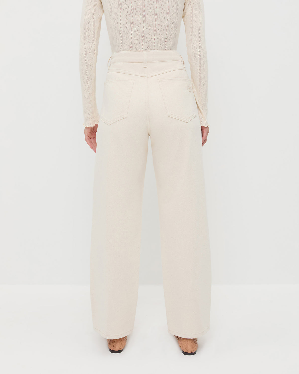 Winona Denim Pant in natural denim, Lolo Pointelle Long-Sleeve Top in cream pointelle, and Leonie Honey Woven Ballet Flat.