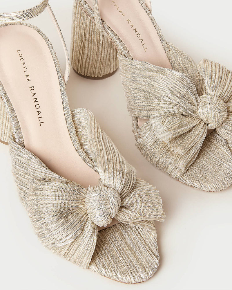 Camellia Platinum Pleated Bow Heel in light champagne pleated lamé