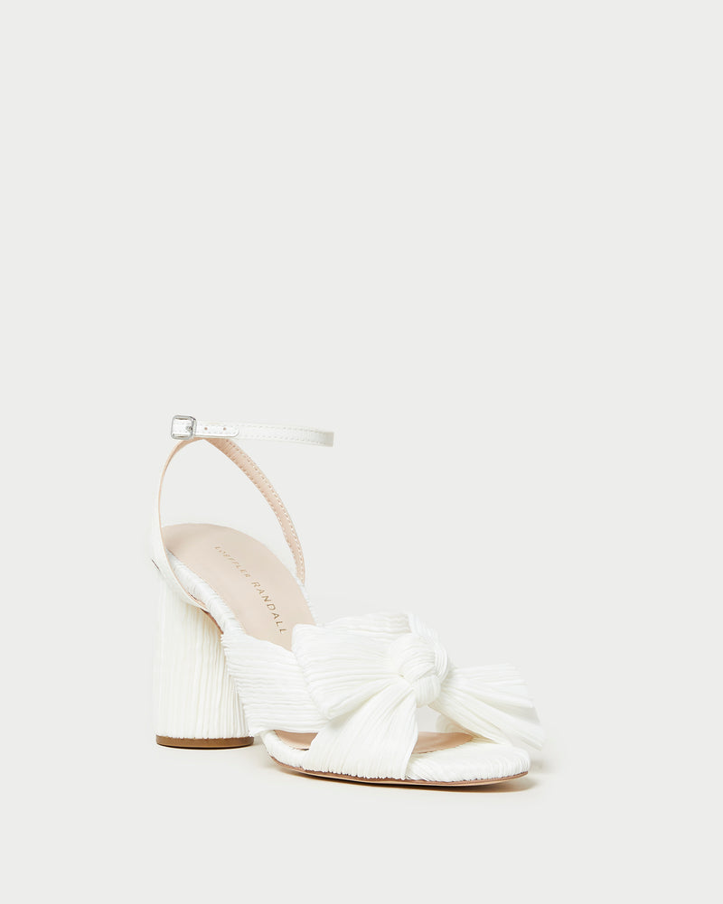 Camellia White Pleated Bow Heel in white fabric