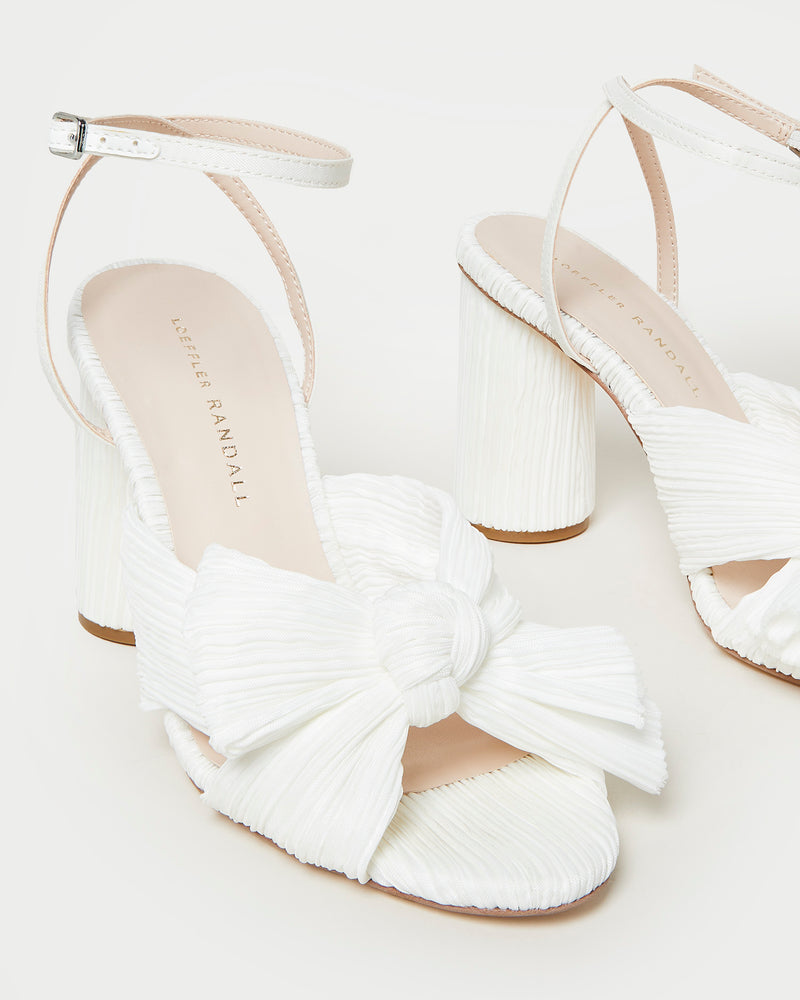 Camellia White Pleated Bow Heel in white fabric