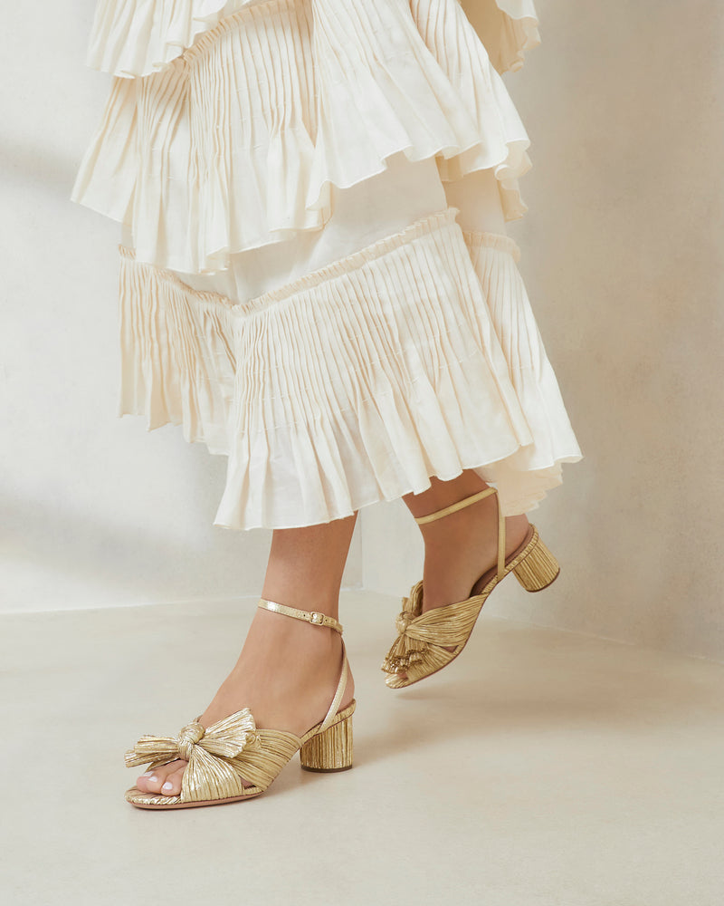 Dahlia Gold Pleated Bow Heel in gold lamé