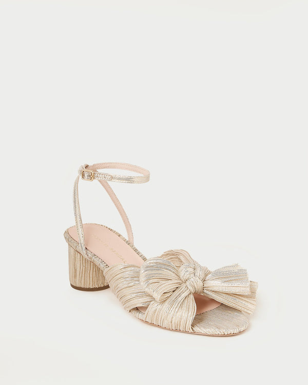 Dahlia Platinum Pleated Bow Heel in light champagne pleated lamé