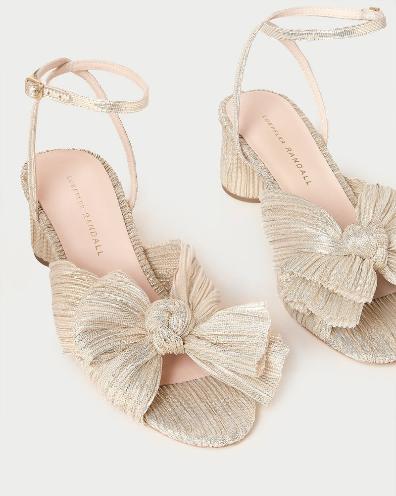 Dahlia Platinum Pleated Bow Heel in light champagne pleated lamé