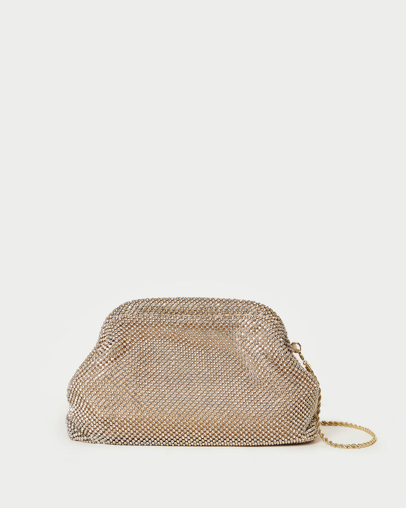 Doreen Gold Diamanté Frame Pouch in gold diamanté mesh