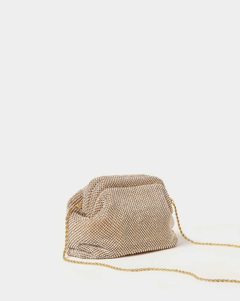 Doreen Gold Diamanté Frame Pouch in gold diamanté mesh