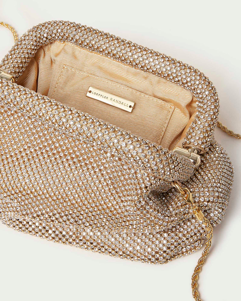 Doreen Gold Diamanté Frame Pouch in gold diamanté mesh