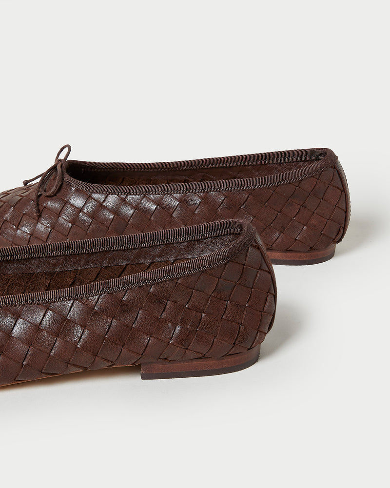 Landry Chocolate Woven Ballet Flat in chocolate brown woven leather.