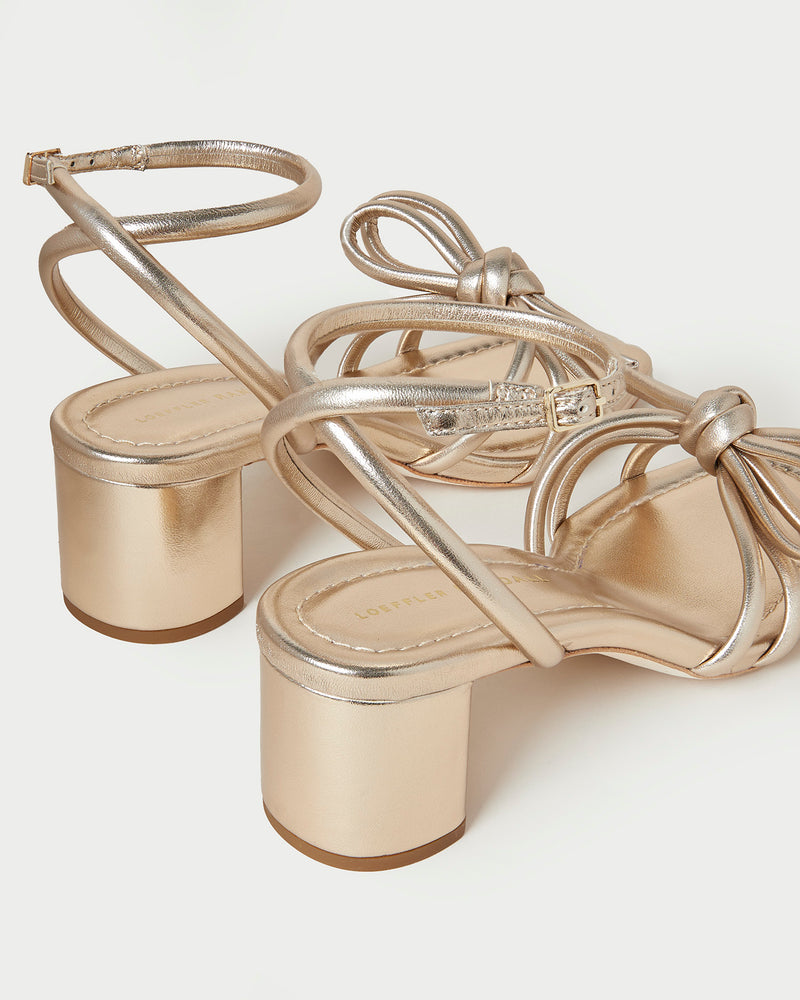 Mikel Champagne Bow Mid-Heel Sandal in metallic champagne nappa leather