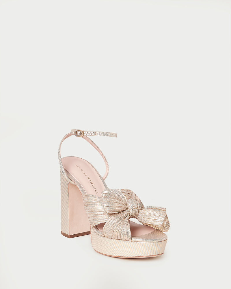 Natalia Platinum Platform Bow Heel in light champagne fabric