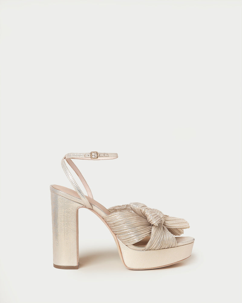 Natalia Platinum Platform Bow Heel in light champagne fabric