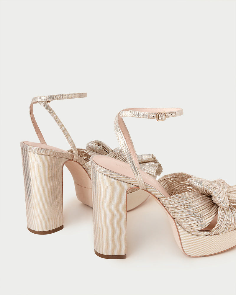 Natalia Platinum Platform Bow Heel in light champagne fabric