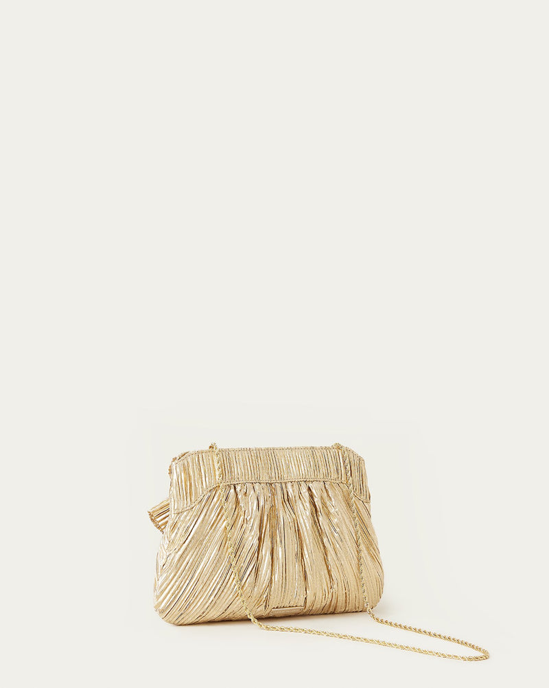 Rayne Gold Bow Clutch in gold pleated lamé