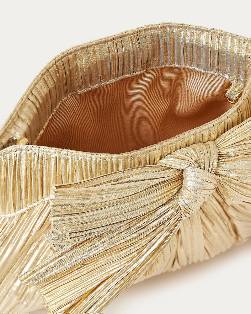 Rayne Gold Bow Clutch in gold pleated lamé