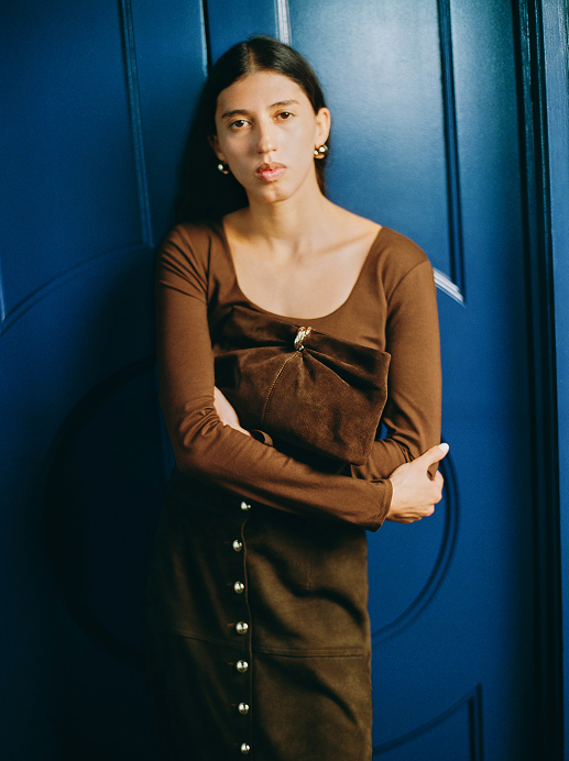 Althea Dress in Chestnut and Melina Chocolate Woven Leather Clutch - Loeffler Randall