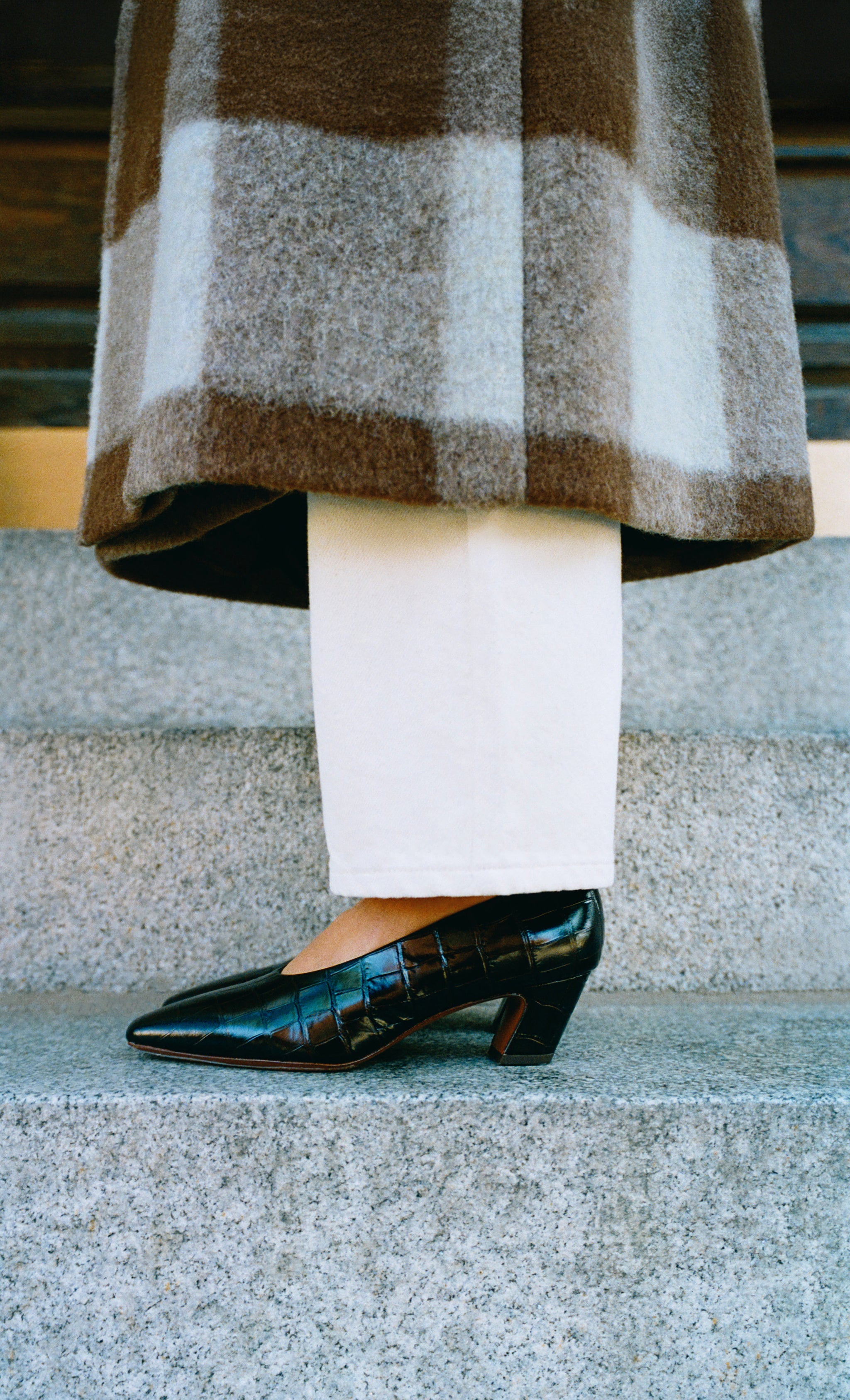 Neive Crocodile Leather Low Pump, Winona Denim Pant in natural denim, and Finley Wool Coat in brown/mint gingham wool - Loeffler Randall