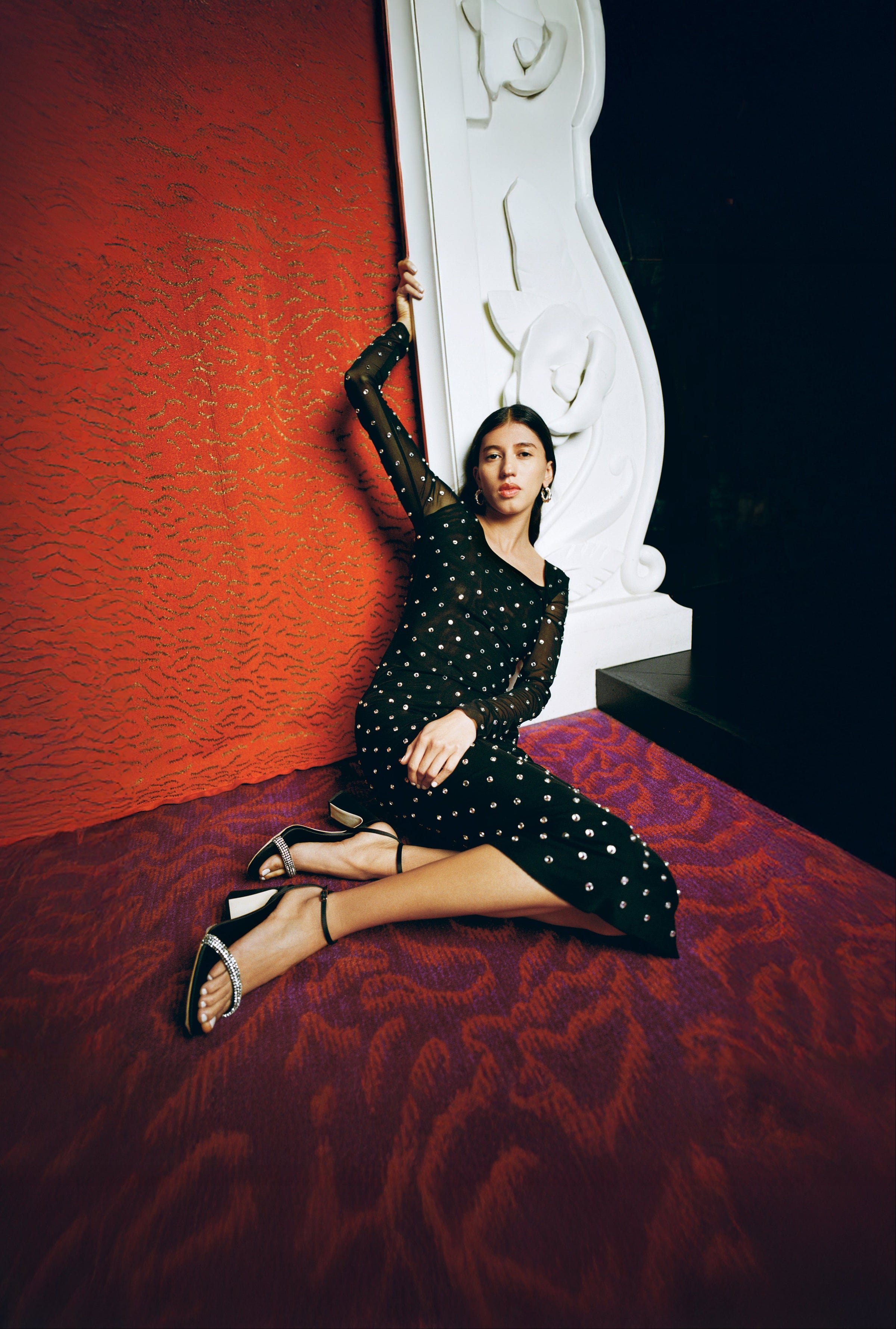 Malia Black/Diamond Curved-Heel Sandal and Nuri Dress in black and crystal mesh - Loeffler Randall