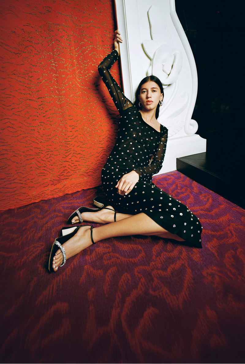 Malia Black/Diamond Curved-Heel Sandal and Nuri Dress in black and crystal mesh - Loeffler Randall