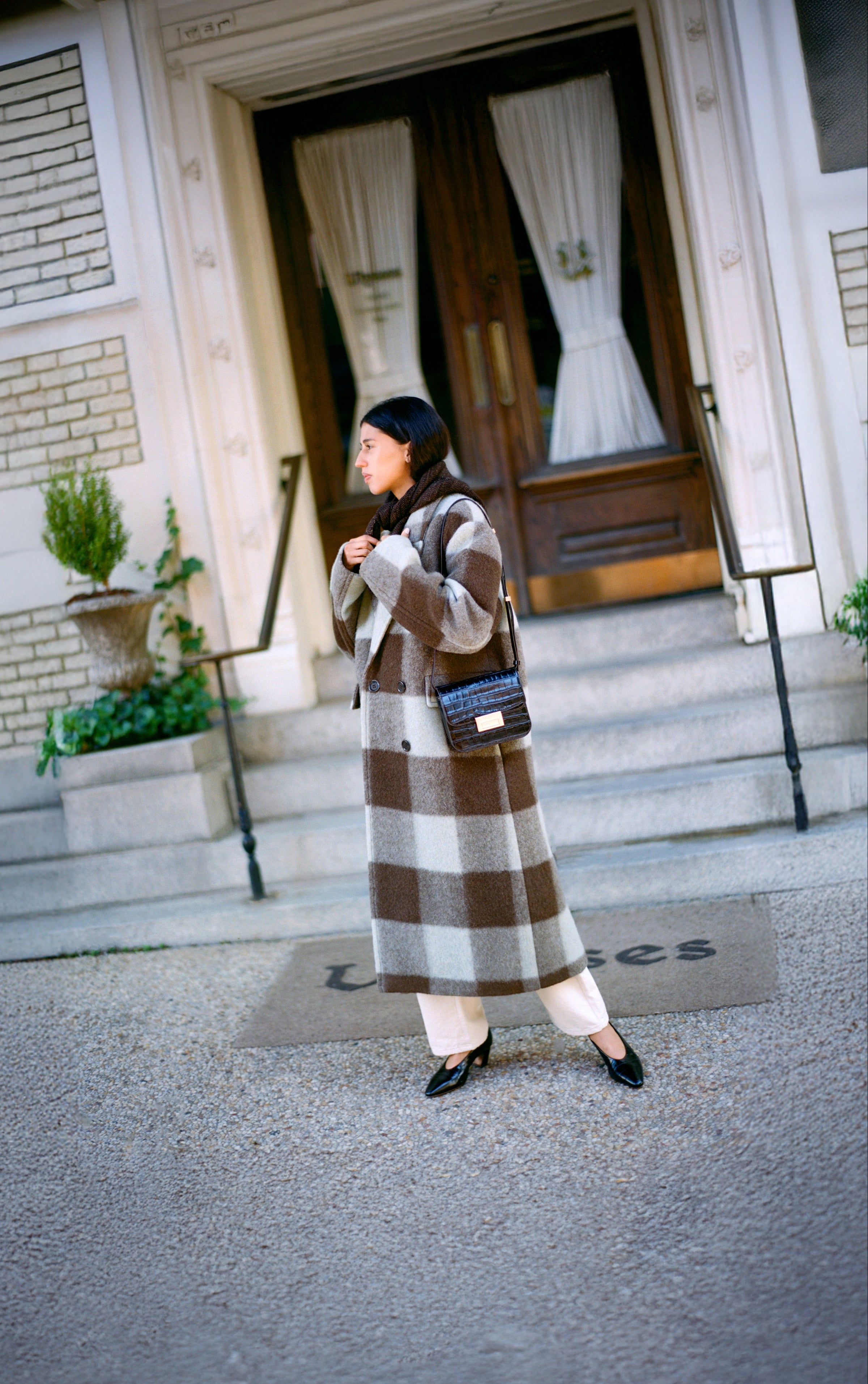Finley Wool Coat in brown/mint gingham wool, Winona Denim Pant in natural denim, and Neive Crocodile Leather Low Pump - Loeffler Randall