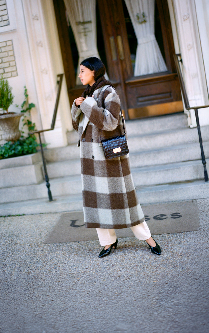Finley Wool Coat in brown/mint gingham wool, Winona Denim Pant in natural denim, and Neive Crocodile Leather Low Pump - Loeffler Randall