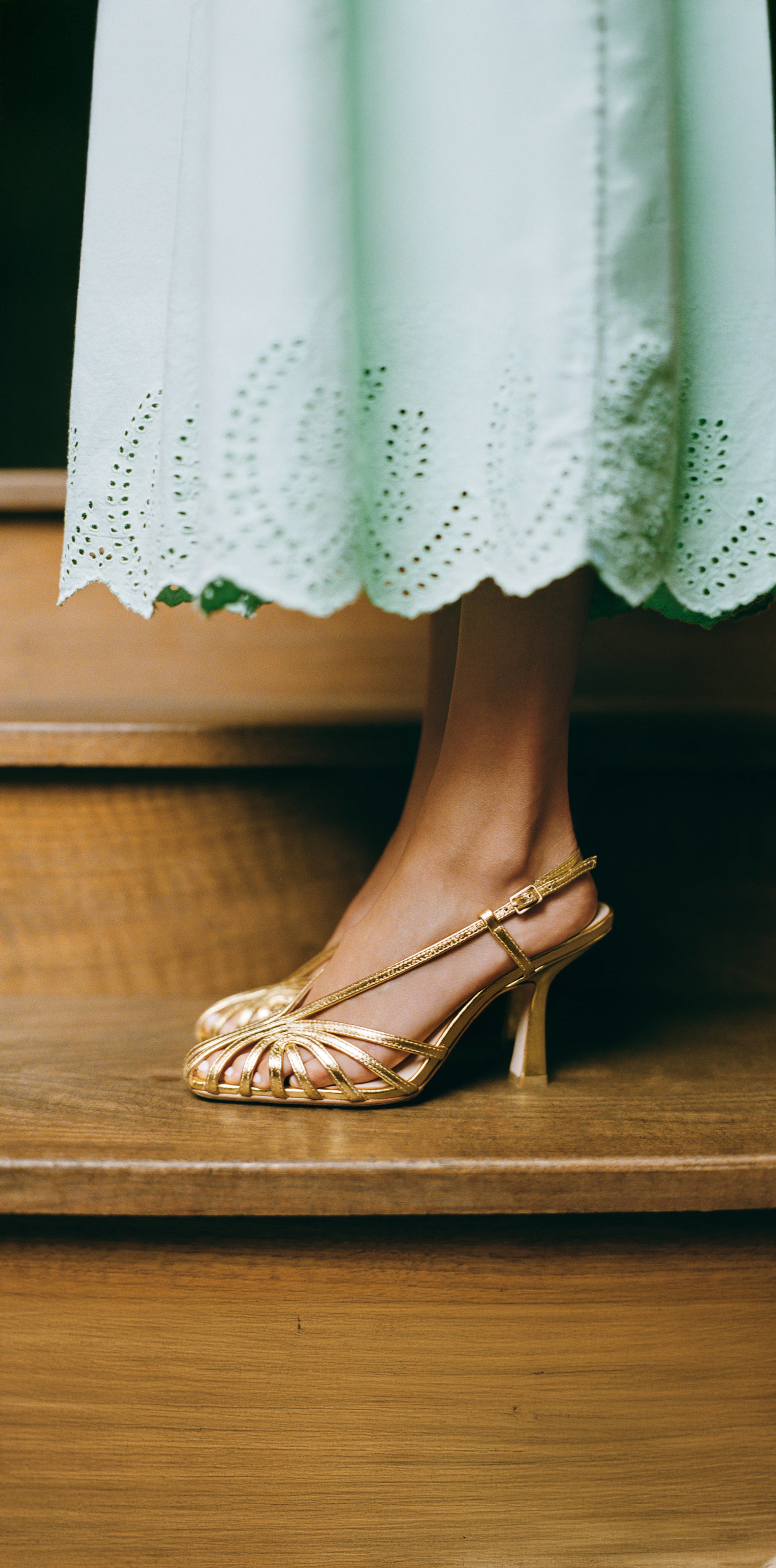 Thelma Eyelet Dress in mint green cotton and Alexandra Gold Slingback Heel - Loeffler Randall