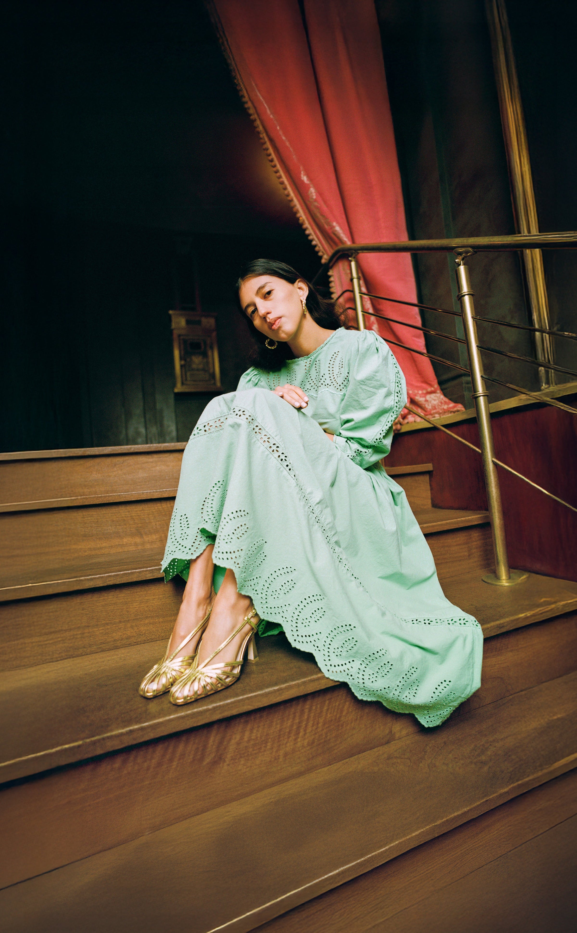 Thelma Eyelet Dress in mint green cotton and Alexandra Gold Slingback Heel - Loeffler Randall