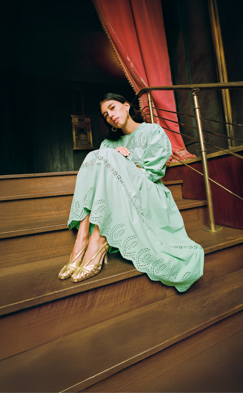 Thelma Eyelet Dress in mint green cotton and Alexandra Gold Slingback Heel - Loeffler Randall