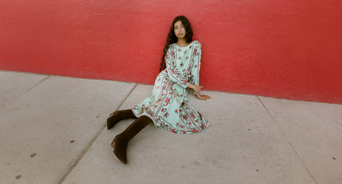 Emily Dress in mint and red floral silk and Cleo Brown Mid-Calf Boot - Loeffler Randall