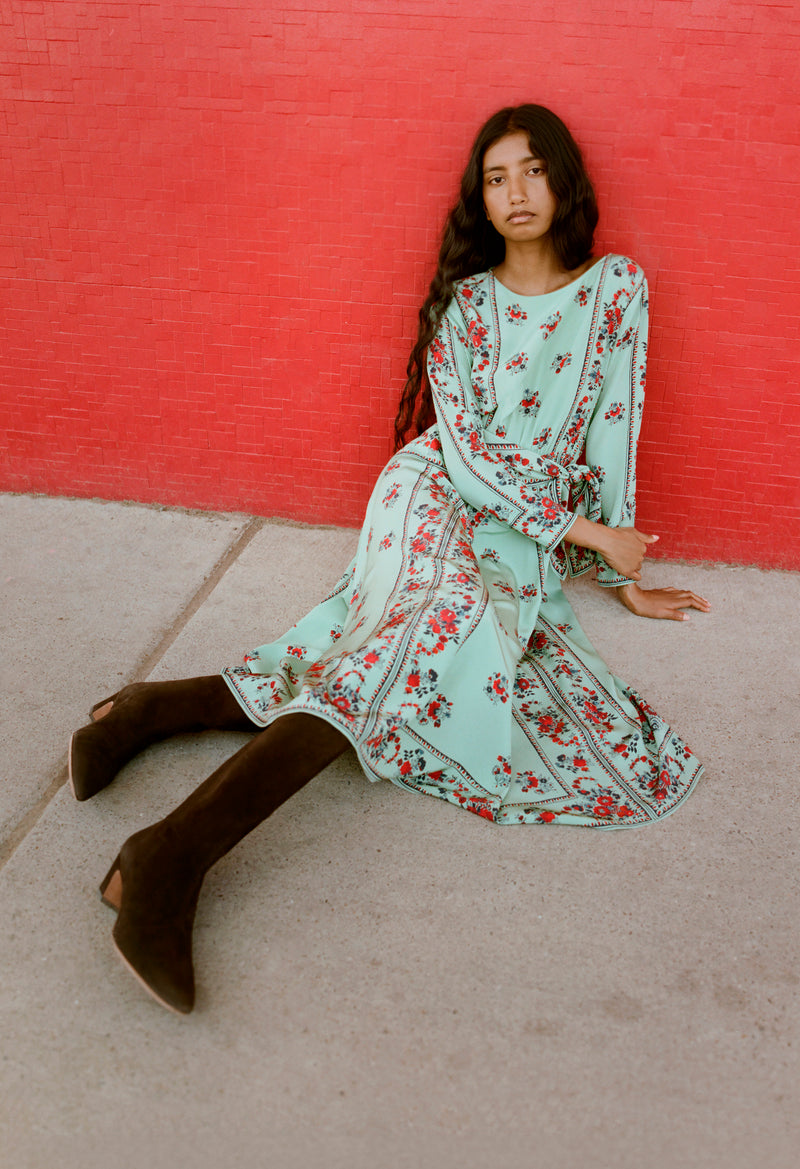 Emily Dress in mint and red floral silk and Cleo Brown Mid-Calf Boot - Loeffler Randall