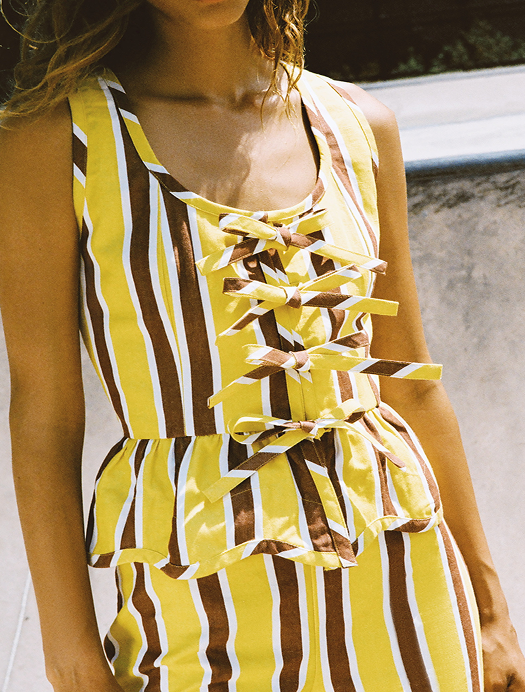 Pilar Tie-Front Top in yellow and brown striped cotton-linen and Pasha Pant in yellow and brown striped cotton-linen - Loeffler Randall