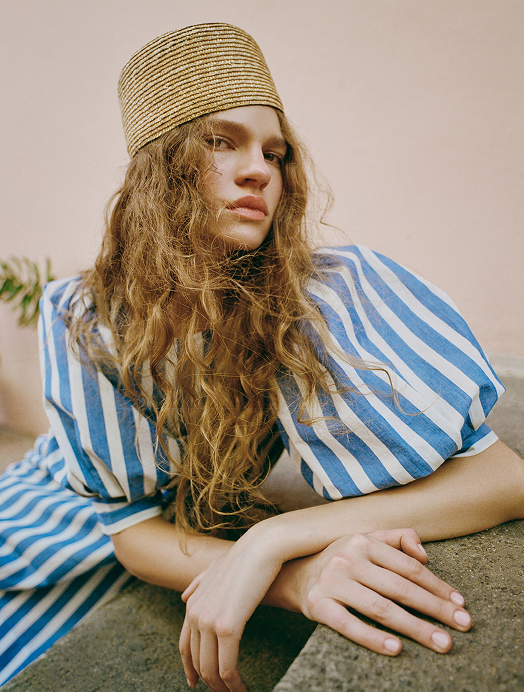 Jackie Natural Hat and Willy Mini Dress in blue and cream striped cotton - Loeffler Randall