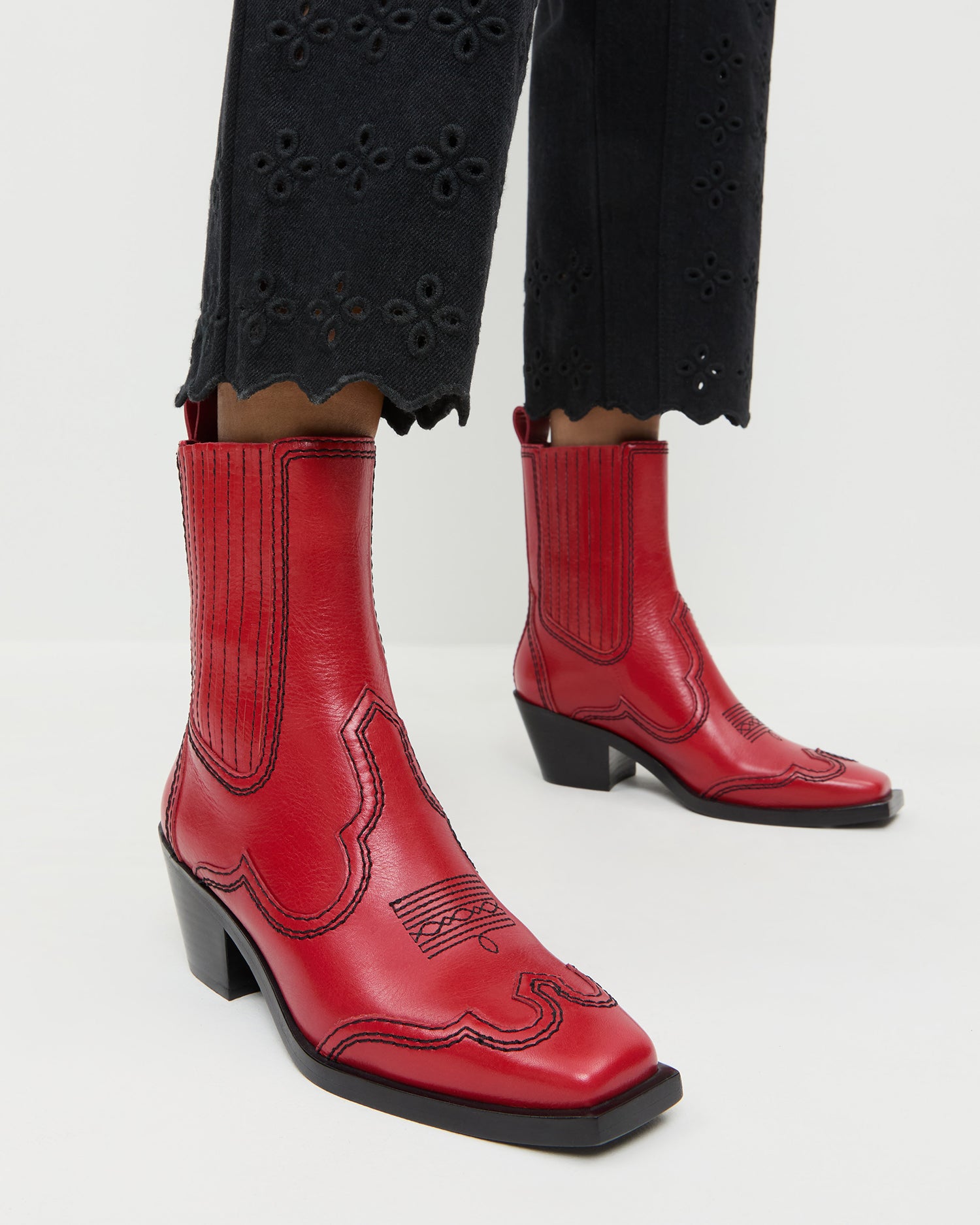 Agnes Red Leather Western Boot Ankle Boots Footwear