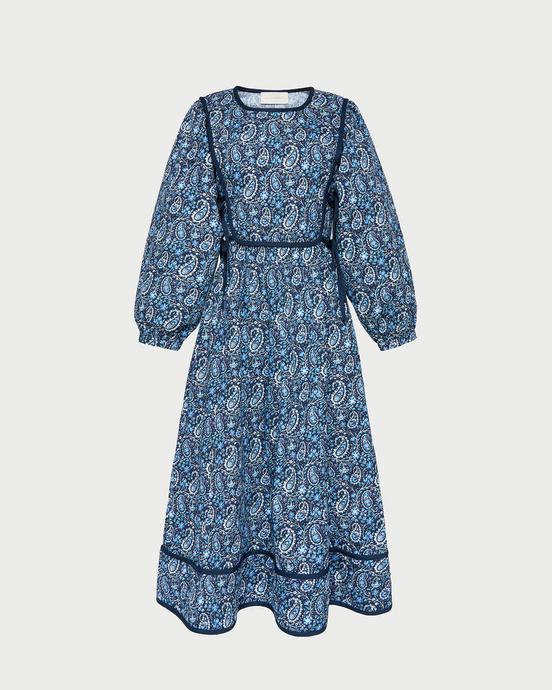 Ainsley Dress in quilted cotton with a blue paisley floral design