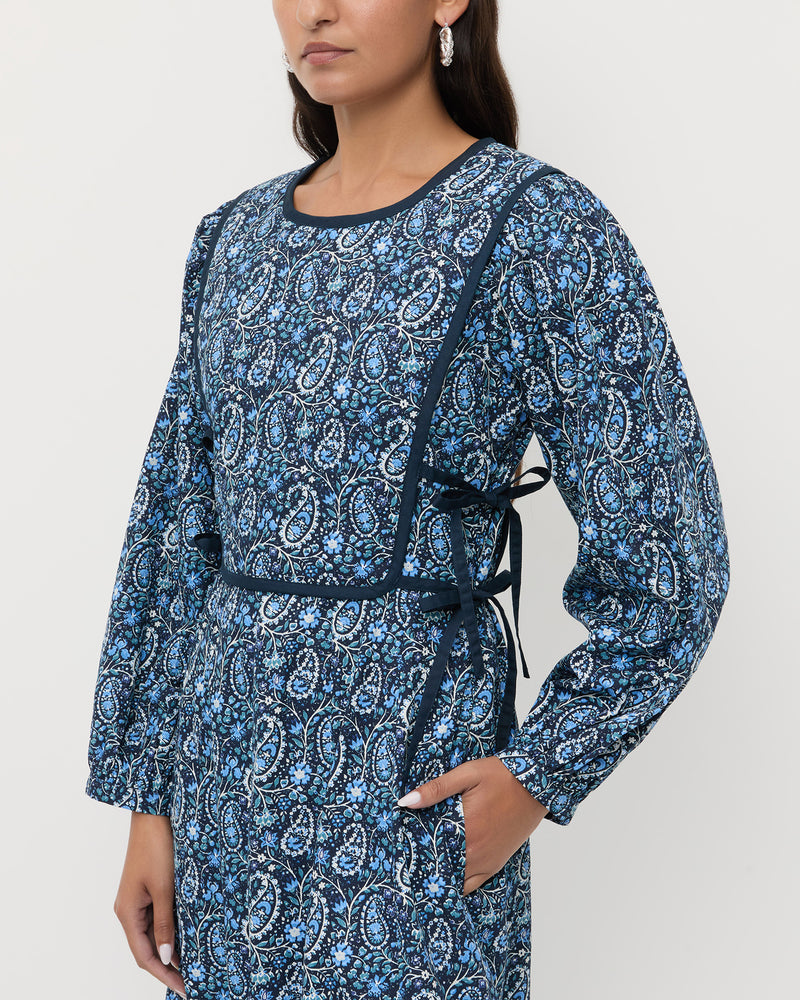 Ainsley Dress in quilted cotton with a blue paisley floral design