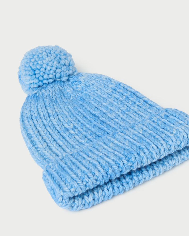 April Light Blue Pompom Hat in light blue knit wool.