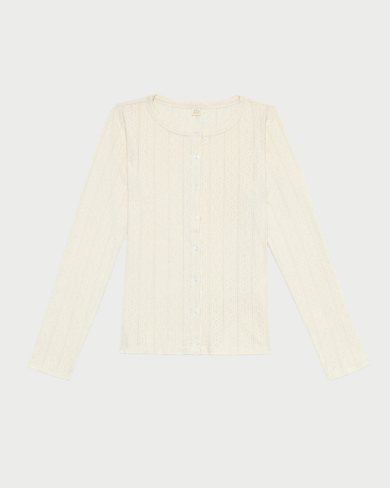 Ash Pointelle Cardigan, long-sleeve cardigan in cream pointelle cotton.