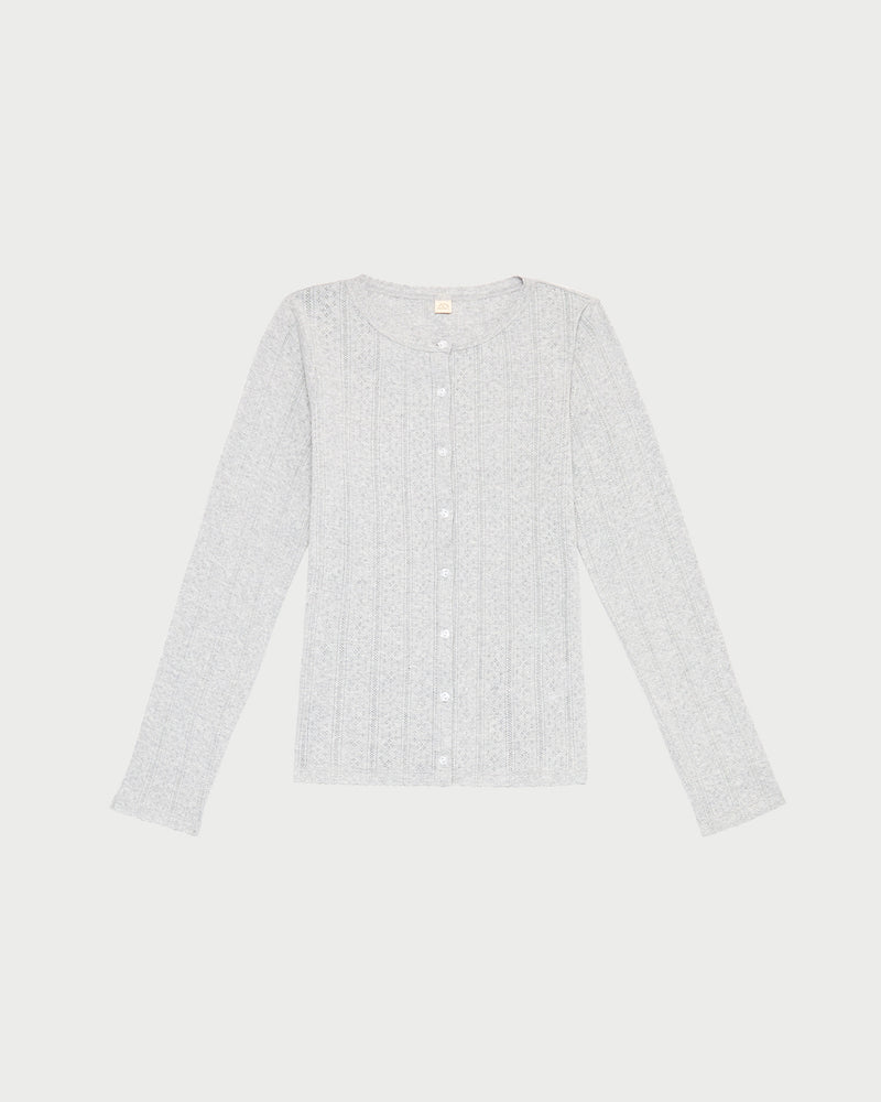 Ash Pointelle Cardigan, long-sleeve cardigan in heather grey pointelle cotton.