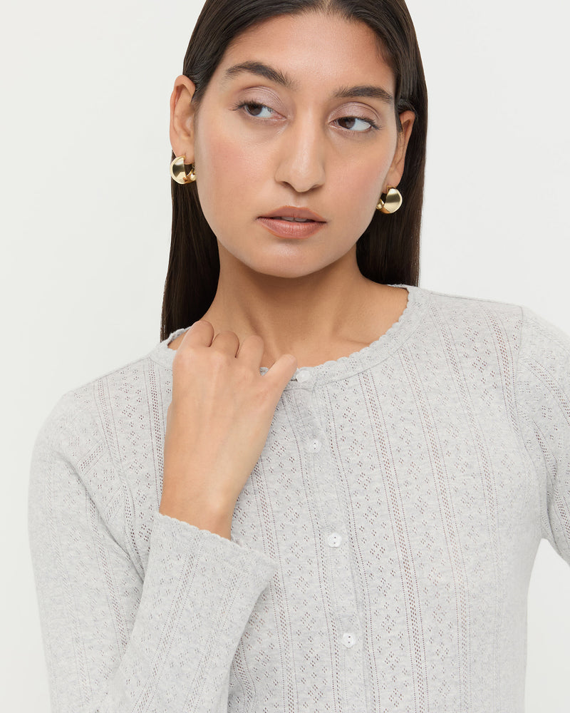 Ash Pointelle Cardigan, long-sleeve cardigan in heather grey pointelle cotton.