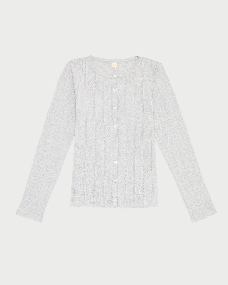 Ash Pointelle Cardigan, long-sleeve cardigan in heather grey pointelle cotton.