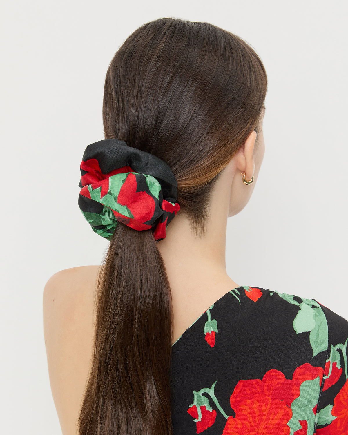 Astrid Black Floral Silk Scrunchie in black floral silk and Selena Dress in black floral jersey fabric.