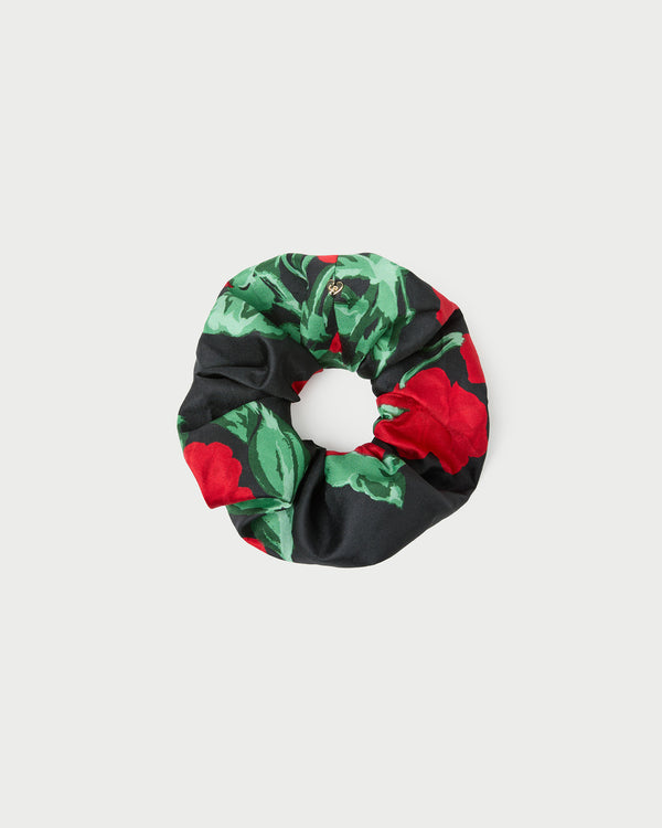 Astrid Black Floral Silk Scrunchie in black floral silk.