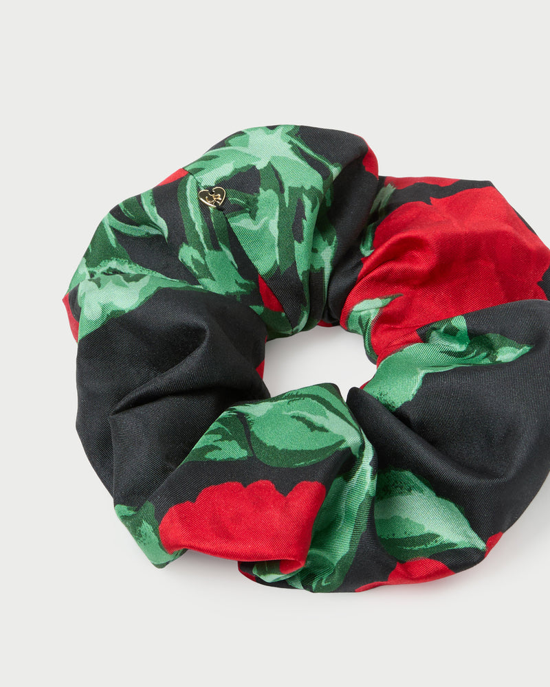 Astrid Black Floral Silk Scrunchie in black floral silk.