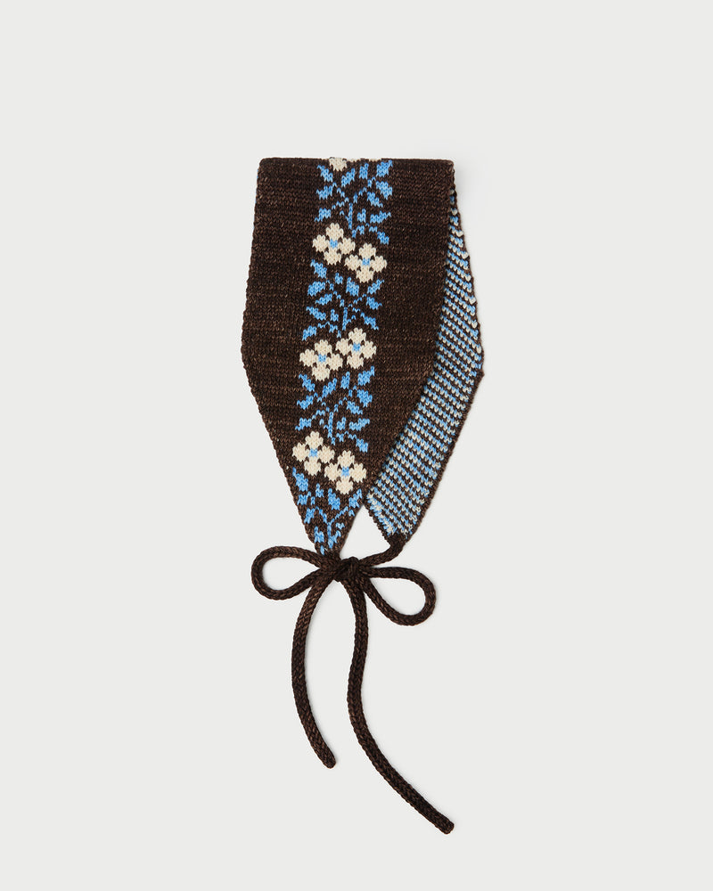 Augie Brown/Cream Floral Ear Scarf in brown and cream floral intarsia wool.