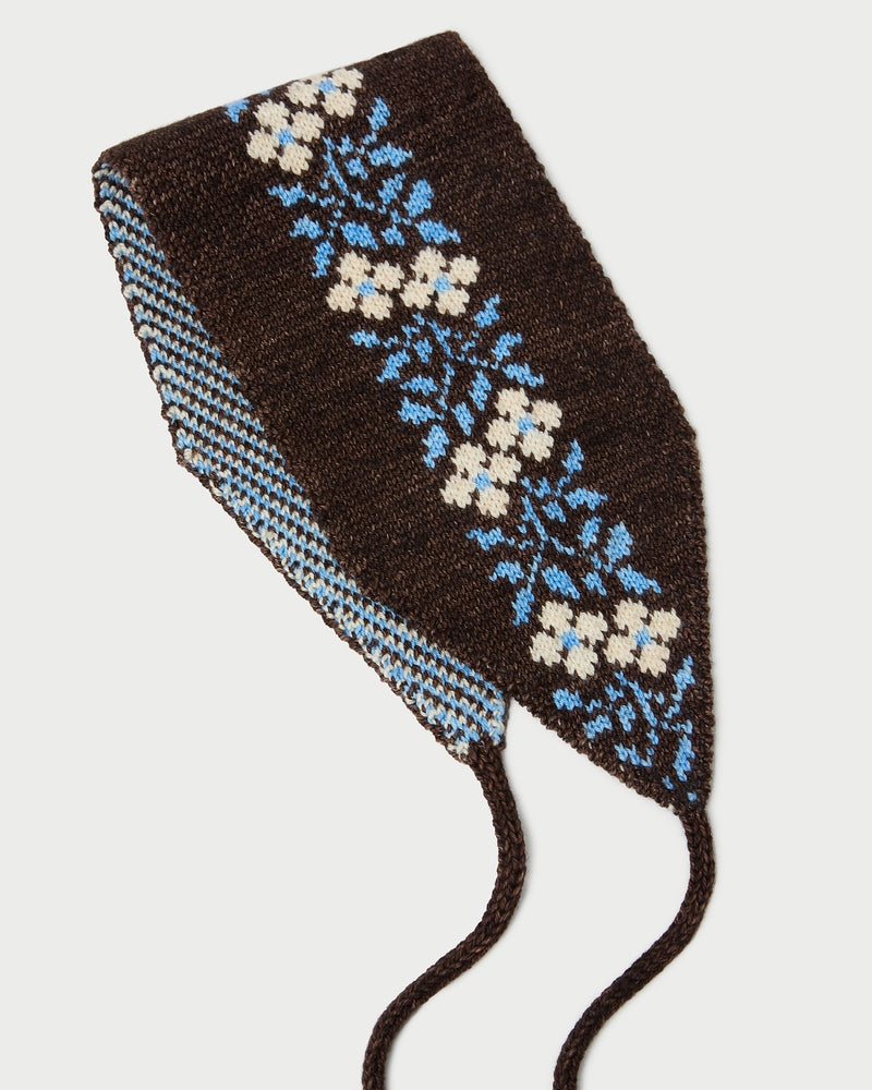 Augie Brown/Cream Floral Ear Scarf in brown and cream floral intarsia wool.