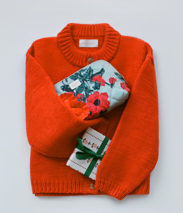 Maddie Cardigan in red wool and Frances Mint Floral Cosmetic Pouch - Loeffler Randall